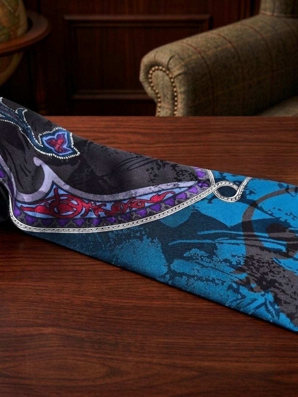 Vintage Men's Blue & Black Patterned Tie with Purple Accents